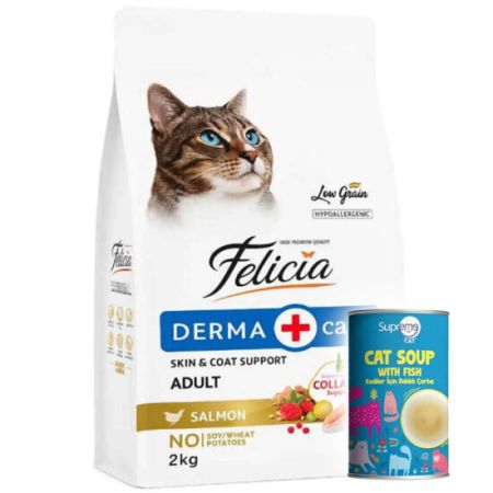 Felicia Hypoallergenic Düşük Tahıllı Somonlu Kedi Maması 2 Kg + Supreme Cat Kedi Çorbası 135 ML