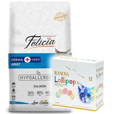 Felicia Hypoallergenic Düşük Tahıllı Somonlu Kedi Maması 12 Kg + 15'li Ranova Lolipop