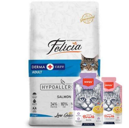 Felicia Hypoallergenic Düşük Tahıllı Somonlu Kedi Maması 12 Kg + 5 Adet Wanpy 50 Gr Kedi Çorbası