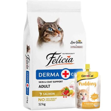 Felicia Hypoallergenic Düşük Tahıllı Somonlu Kedi Maması 12 Kg + Gimcat Kedi Pudingi 150 Gr