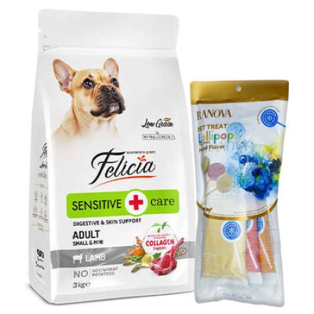 Felicia Hypoallergenic Düşük Tahıllı Kuzu Etli Küçük Irk Köpek Maması 3 Kg + 3'lü Ranova Lolipop