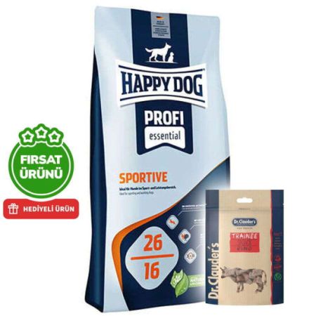 Happy Dog Profi Sportive Tavuk Etli Aktif Köpek Maması 20 Kg + 2 Adet Dr. Clauders Biftekli Ödül 80 Gr