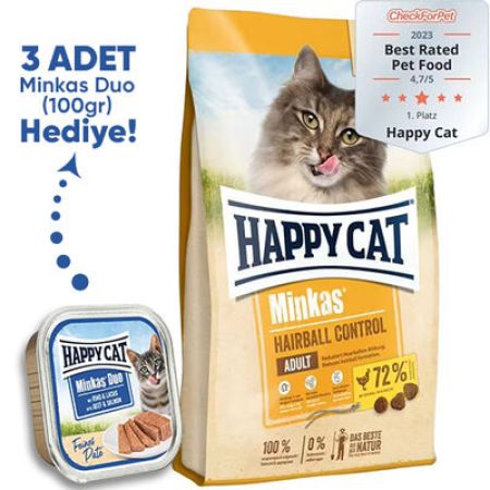Happy Cat Minkas Hairball Control Kümes Hayvanlı Kedi Maması 10 Kg + 3 Adet Happy Cat 100 Gr Yaş Mama