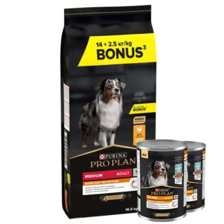 Pro Plan Medium Tavuklu Orta Irk Köpek Maması 14 + 2,5 Kg (Toplam 16,5 Kg) + 2 Adet Köpek Konservesi 400 Gr