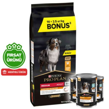 Pro Plan Medium Tavuklu Orta Irk Köpek Maması 14 + 2,5 Kg (Toplam 16,5 Kg) + 3 Adet Köpek Konservesi 400 Gr