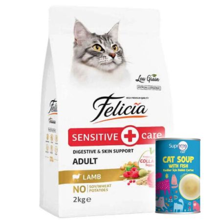 Felicia Hypoallergenic Düşük Tahıllı Kuzu Etli Kedi Maması 2 Kg + Supreme Cat Kedi Çorbası 135 ML