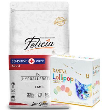 Felicia Hypoallergenic Düşük Tahıllı Kuzu Etli Kedi Maması 12 Kg + 15'li Ranova Lolipop