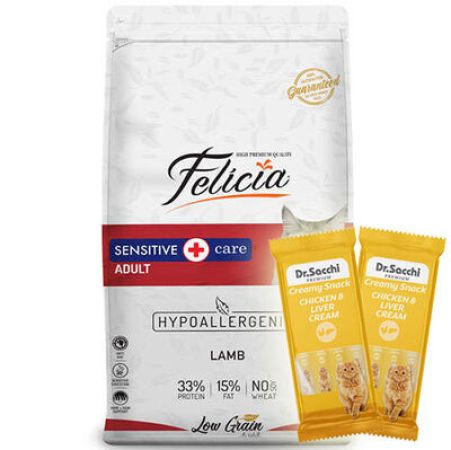 Felicia Hypoallergenic Düşük Tahıllı Kuzu Etli Kedi Maması 12 Kg + 5 Adet Dr Sacchi 4 lü Creamy Ödül