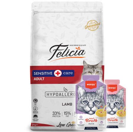 Felicia Hypoallergenic Düşük Tahıllı Kuzu Etli Kedi Maması 12 Kg + 5 Adet Wanpy 50 Gr Kedi Çorbası
