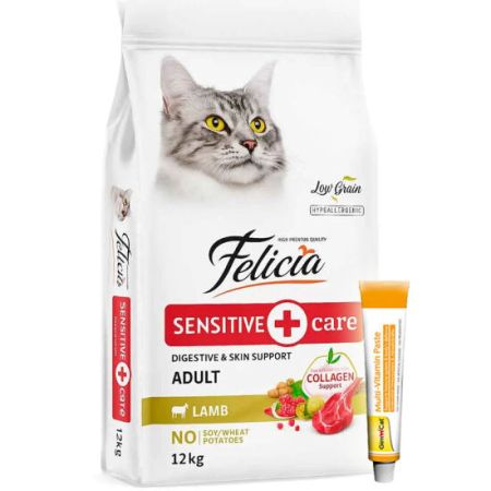 Felicia Hypoallergenic Düşük Tahıllı Kuzu Etli Kedi Maması 12 Kg + Gimcat 20 Gr Multivitamin Paste
