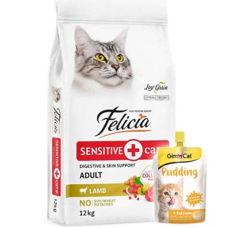 Felicia Hypoallergenic Düşük Tahıllı Kuzu Etli Kedi Maması 12 Kg + Gimcat Kedi Pudingi 150 Gr
