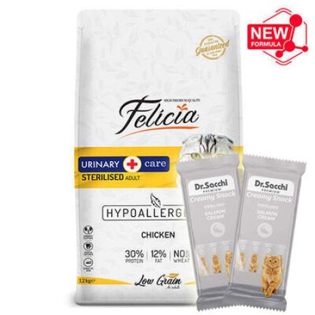 Felicia Hypoallergenic Sterilised Düşük Tahıl Kısırlaştırılmış Tavuk Kedi Maması 12 Kg + 2 Adet Dr Sacchi 4 lü Creamy Ödül
