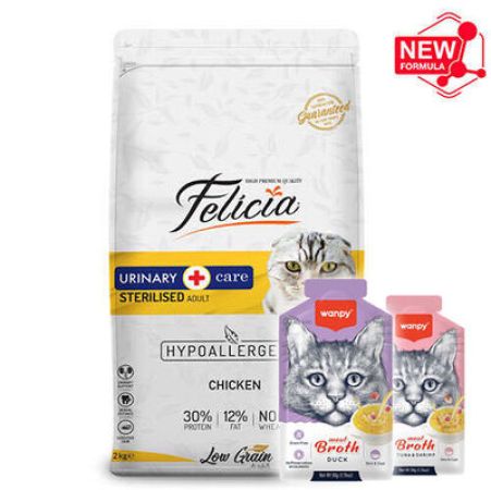 Felicia Hypoallergenic Sterilised Düşük Tahıl Kısırlaştırılmış Tavuk Kedi Maması 12 Kg + 5 Adet Wanpy 50 Gr Kedi Çorbası