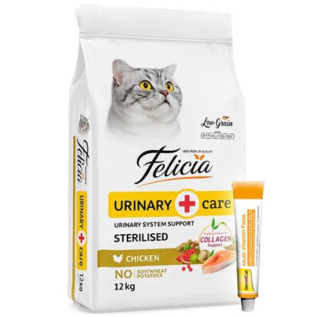 Felicia Hypoallergenic Sterilised Düşük Tahıl Kısırlaştırılmış Tavuk Kedi Maması 12 Kg + Gimcat 20 Gr Multivitamin Paste