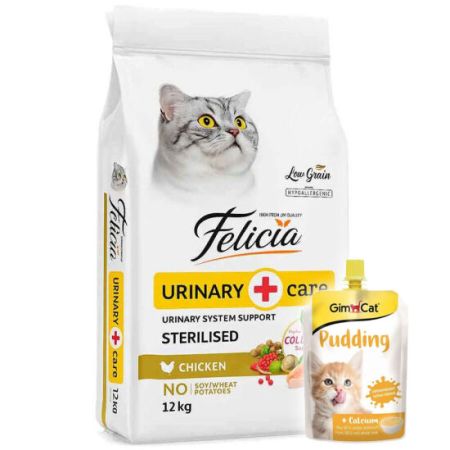 Felicia Hypoallergenic Sterilised Düşük Tahıl Kısırlaştırılmış Tavuk Kedi Maması 12 Kg + Gimcat Kedi Pudingi 150 Gr