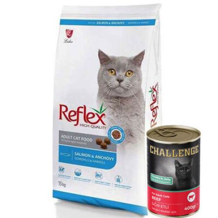 Reflex Salmon Anchovy Somonlu ve Hamsili Kedi Maması 15 Kg + 5 Adet Challenge 400 Gr Konserve