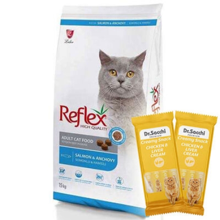 Reflex Salmon Anchovy Somonlu ve Hamsili Kedi Maması 15 Kg + 5 Adet Dr Sacchi 4 lü Creamy Ödül