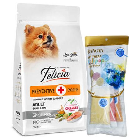 Felicia Hypoallergenic Düşük Tahıllı Somonlu Küçük Irk Yetişkin Köpek Maması 3 Kg + 3'lü Ranova Lolipop