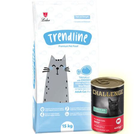 Trendline Sterilised Tavuk Etli Kısırlaştırılmış Kedi Maması 15 Kg + 5 Adet Challenge 400 Gr Konserve
