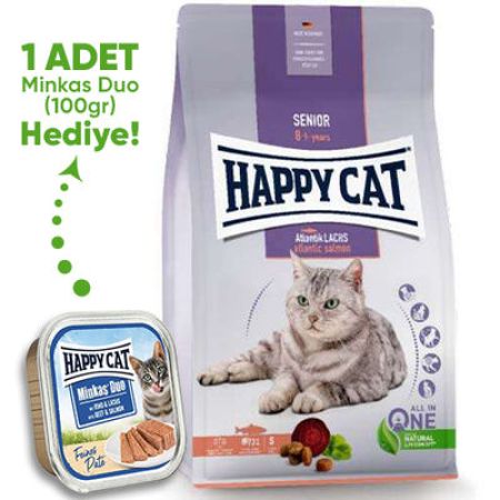 Happy Cat Senior Atlantik Salmon 8 Yaş ve Üzeri Yaşlı Kedi Maması 4 Kg + Happy Cat 100 Gr Yaş Mama
