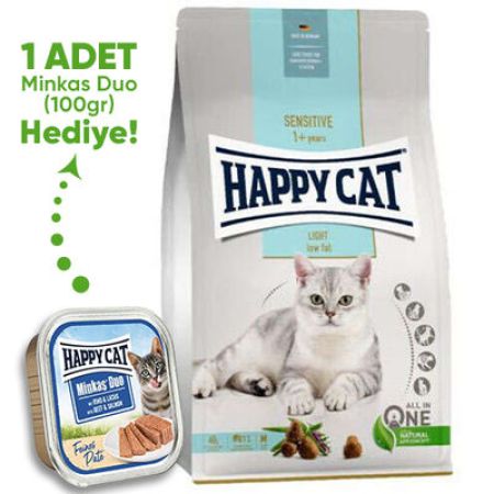 Happy Cat Sensitive Light Düşük Kalori Diyet Kedi Maması 4 Kg + Happy Cat 100 Gr Yaş Mama