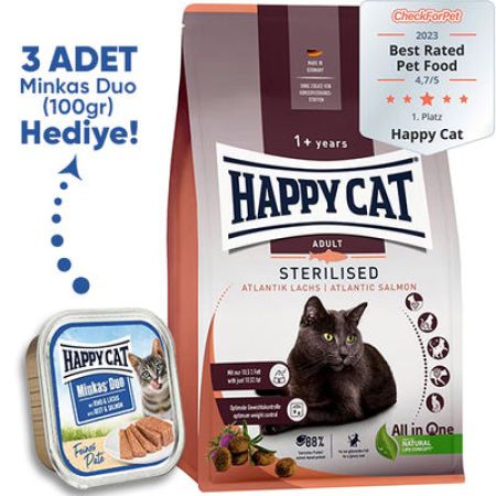 Happy Cat Sterilised Atlantic Somon Kısırlaştırılmış Kedi Maması 10 Kg + 3 Adet Happy Cat 100 Gr Yaş Mama