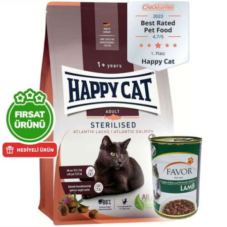 Happy Cat Sterilised Atlantic Somon Kısırlaştırılmış Kedi Maması 10 Kg + 5 Adet Favor Kuzu Konservesi 400 Gr