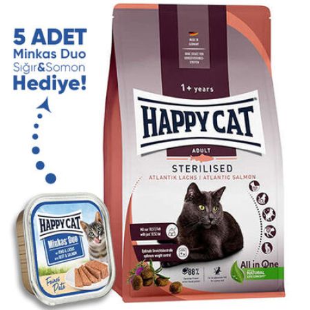Happy Cat Sterilised Atlantic Somon Kısırlaştırılmış Kedi Maması 10 Kg + 5 Adet Happy Cat 100 Gr