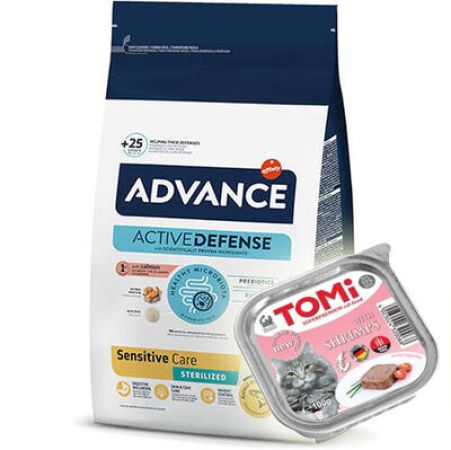 Advance Sensitive Kısırlaştırılmış Somonlu Kedi Maması 3 Kg + 2 Adet Tomi Karidesli Pate 100 Gr Yaş Mama