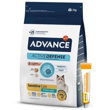 Advance Sensitive Kısırlaştırılmış Somonlu Kedi Maması 3 Kg + Gimcat 20 Gr Multivitamin Paste