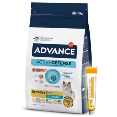 Advance Sensitive Kısırlaştırılmış Somonlu Kedi Maması 1,5 Kg + Gimcat 20 Gr Multivitamin Paste