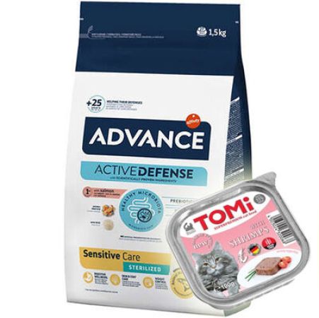 Advance Sensitive Kısırlaştırılmış Somonlu Kedi Maması 1,5 Kg + Tomi Karidesli Pate 100 Gr Yaş Mama