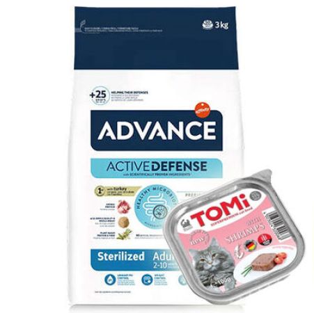 Advance Sterilized Kısırlaştırılmış Hindili Kedi Maması 3 Kg + 2 Adet Tomi Karidesli Pate 100 Gr Yaş Mama
