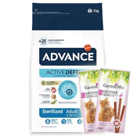 Advance Sterilized Kısırlaştırılmış Hindili Kedi Maması 3 Kg + 5 Adet Garden Mix Stick Kedi Ödülü