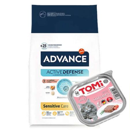 Advance Sensitive Somonlu Yetişkin Kedi Maması 3 Kg + 2 Adet Tomi Karidesli Pate 100 Gr Yaş Mama