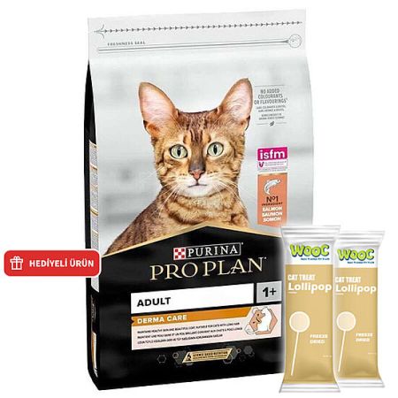 Pro Plan Derma Care Hassas Deri Somonlu Kedi Maması 3 Kg + 2 Adet Wooc Lolipop Ödül