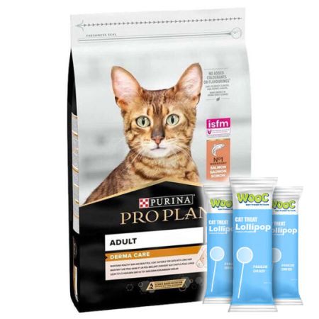 Pro Plan Derma Care Hassas Deri Somonlu Kedi Maması 3 Kg + 3 Adet Wooc Lolipop