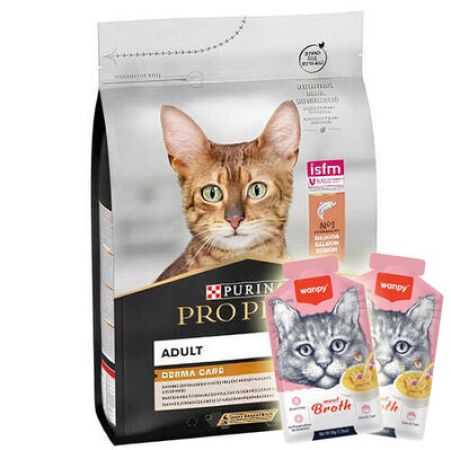 Pro Plan Derma Care Hassas Deri Somonlu Yetişkin Kedi Maması 3 Kg + 2 Adet Wanpy Çorba 50 Gr