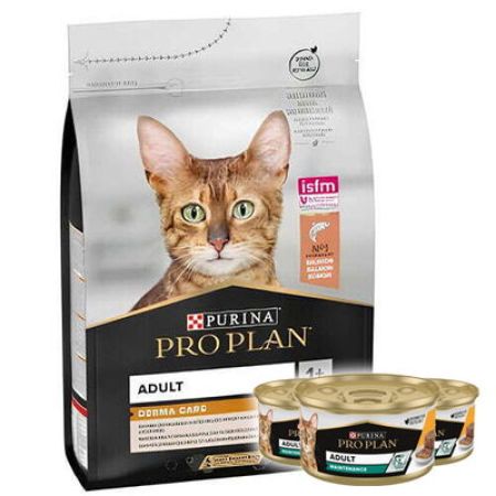 Pro Plan Derma Care Hassas Deri Somonlu Yetişkin Kedi Maması 3 Kg + 3 Adet Pro Plan 85 Gr Yaş Mama