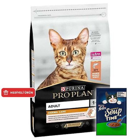 Pro Plan Derma Care Hassas Deri Somonlu Kedi Maması 1,5 Kg + Felix Soup Time Çorba