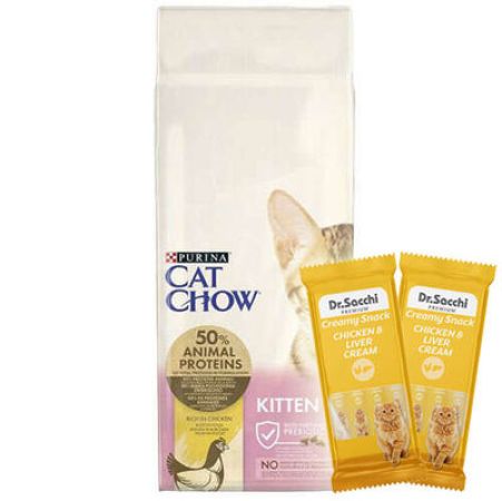 Cat Chow Tavuklu Yavru Kedi Maması 15 Kg + 2 Adet Dr Sacchi 4 lü Creamy Ödül