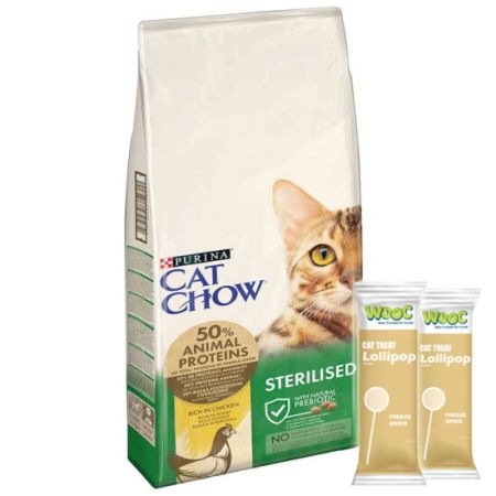 Cat Chow Tavuk Etli Kısırlaştırılmış Kedi Maması 15 Kg + 2 Adet Wooc Lolipop Ödül