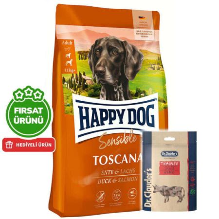 Happy Dog Toscana Ördek ve Somonlu Köpek Maması 12,5 Kg + 2 Adet Dr. Clauders Biftekli Ödül 80 Gr