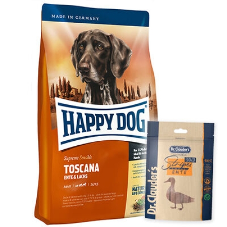 Happy Dog Toscana Ördek ve Somonlu Köpek Maması 12,5 Kg + Dr.Clauders Ödül 80 Gr