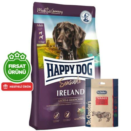 Happy Dog Ireland Somon ve Tavşanlı Köpek Maması 12,5 Kg + 2 Adet Dr. Clauders Biftekli Ödül 80 Gr