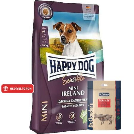 Happy Dog Mini Ireland Tavşan ve Somonlu Küçük Irk Köpek Maması 4 Kg + Dr. Clauders Biftekli Ödül Küpleri 80 Gr