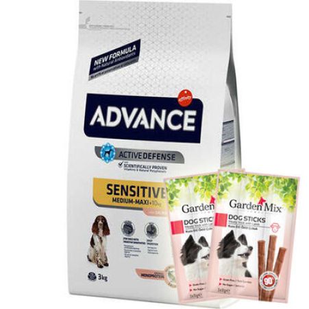 Advance Sensitive Hassas Deri Somon Köpek Maması 3 Kg + 5 Adet Garden Mix Stick Köpek Ödülü