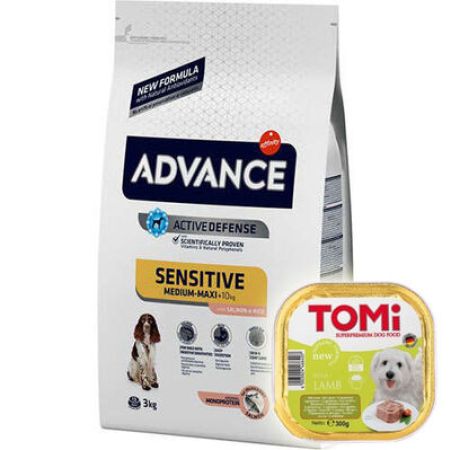 Advance Sensitive Hassas Deri Somon Köpek Maması 3 Kg + Tomi Kuzu Pate 300 Gr Yaş Mama