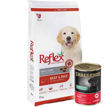 Reflex Puppy Biftekli Yavru Köpek Maması 15 Kg + 5 Adet Challenge 400 Gr Konserve