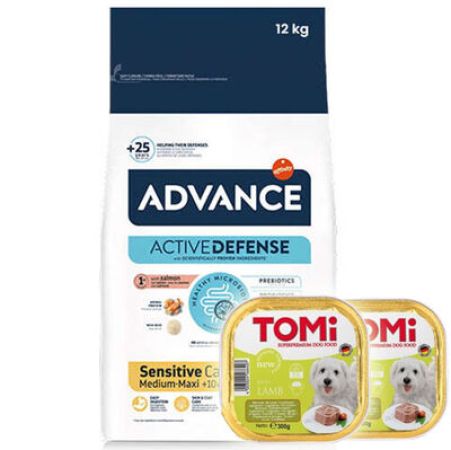 Advance Sensitive Hassas Somonlu Köpek Maması 12 Kg + 2 Adet Tomi Kuzu Pate 300 Gr Yaş Mama